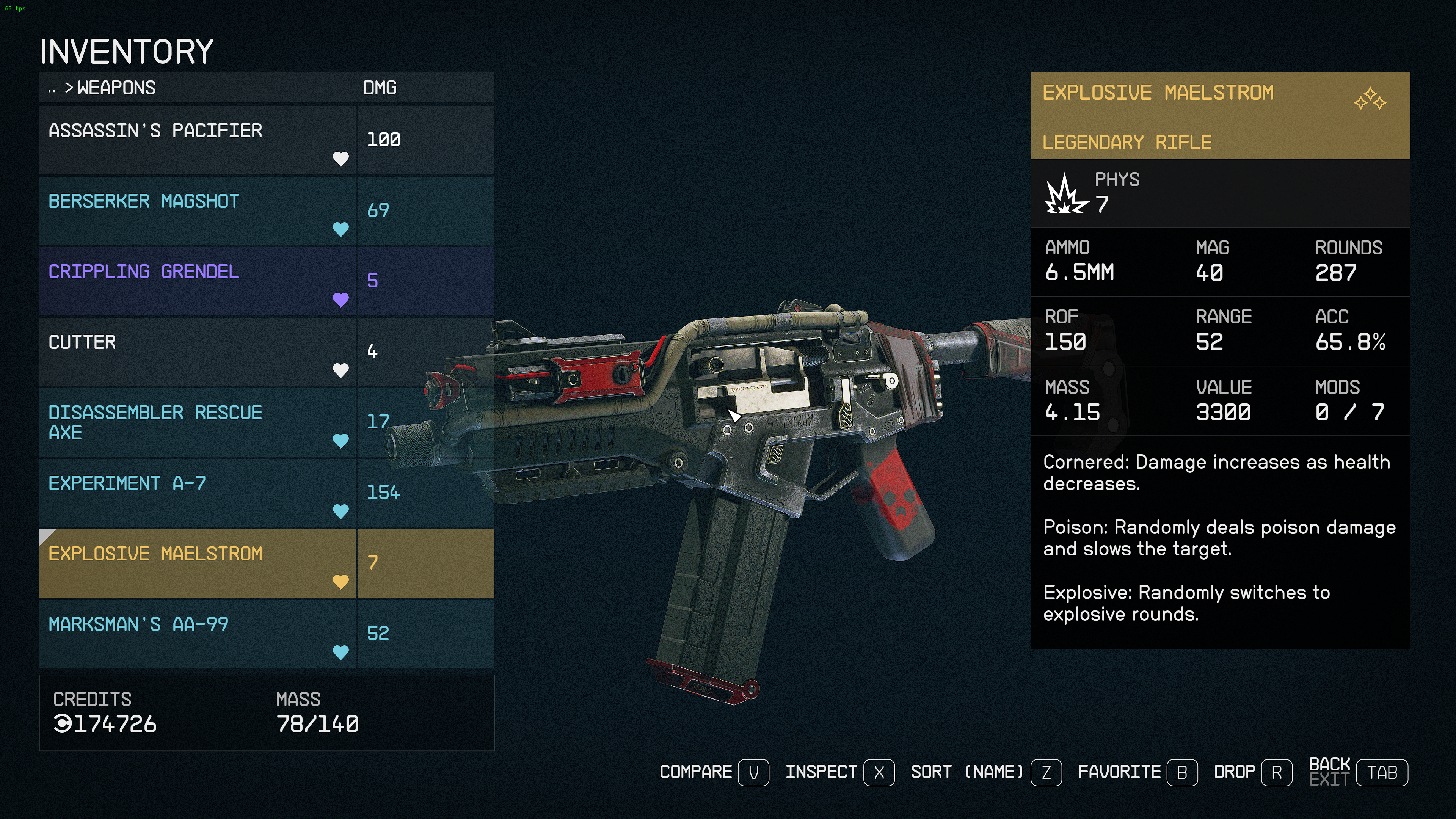 A legendary rifle I found in an early faction mission, complete with explosive and poison rounds